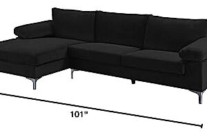 Casa Andrea Milano Modern Large Velvet Fabric Sectional Sofa, L-Shape Couch with Extra Wide Chaise Lounge, Onyx