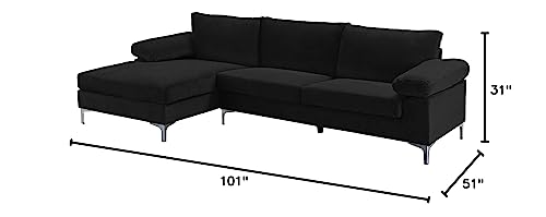 Casa Andrea Milano Modern Large Velvet Fabric Sectional Sofa, L-Shape Couch with Extra Wide Chaise Lounge, Onyx