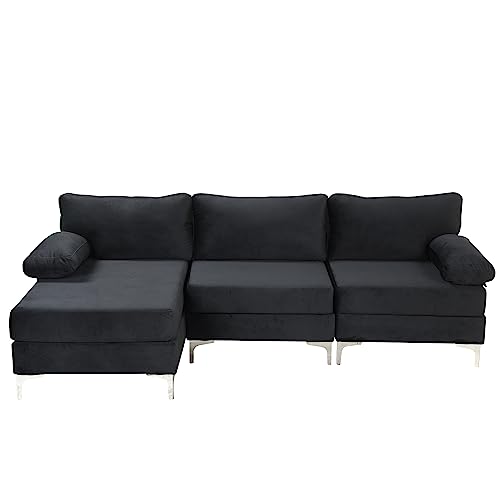 Casa Andrea Milano Modern Large Velvet Fabric Sectional Sofa, L-Shape Couch with Extra Wide Chaise Lounge, Onyx