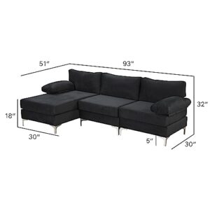 Casa Andrea Milano Modern Large Velvet Fabric Sectional Sofa, L-Shape Couch with Extra Wide Chaise Lounge, Onyx