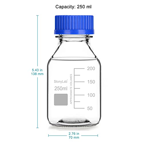 stonylab Glass Graduated Round Media Storage Bottles with GL45 Screw Cap, 250 ml, 1 Pack