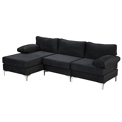 Casa Andrea Milano Modern Large Velvet Fabric Sectional Sofa, L-Shape Couch with Extra Wide Chaise Lounge, Onyx