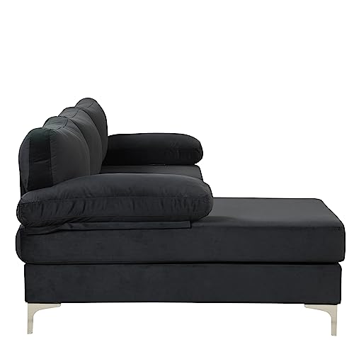 Casa Andrea Milano Modern Large Velvet Fabric Sectional Sofa, L-Shape Couch with Extra Wide Chaise Lounge, Onyx