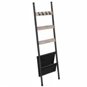 HOOBRO Blanket Ladder, 5 Tier Towel Rack, 17.3" L x 63" H, Wall-Leaning Blanket Rack for Living Room, Decorative Ladder with 4 Hooks and Magazine Pocket, Greige BG32CJ01