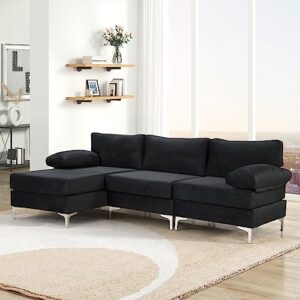 Casa Andrea Milano Modern Large Velvet Fabric Sectional Sofa, L-Shape Couch with Extra Wide Chaise Lounge, Onyx