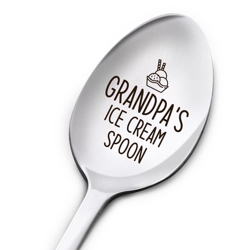 Grandpa's Ice Cream Spoon Gifts, Father’s Day Birthday Thanksgiving Christmas Gifts for Best Grandpa Ever, Grandpa Gifts from Granddaughter Grandson, Engraved Stainless Steel Spoon Gifts for Grandpa