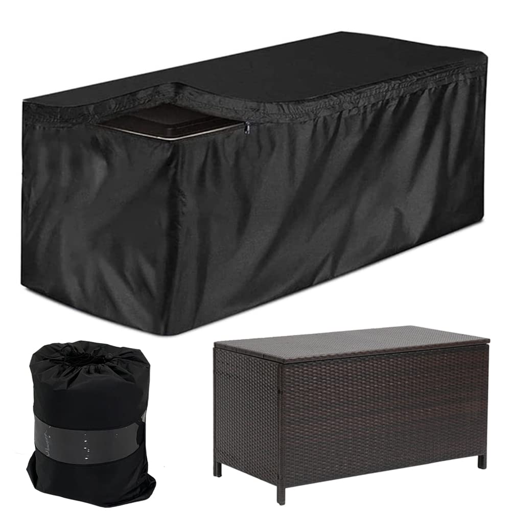 SUNSURE Deck Box Cover Heavy Duty Waterproof Outdoor Ottoman Bench Cover for Keter Large Deck Boxes Rectangular Storage Box Cover with Drawstring and Zipper (48x24x22in)