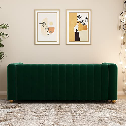 Green Velvet Couch Sofa Loveseat, 81.3 Wide Mid Century Modern Couch Small Spaces Love Seat Tufted Chesterfield Velvet Sofa Futon with Gold Leg, Comfy 3 Seat Extra Deep Sofas Couches for Living Room