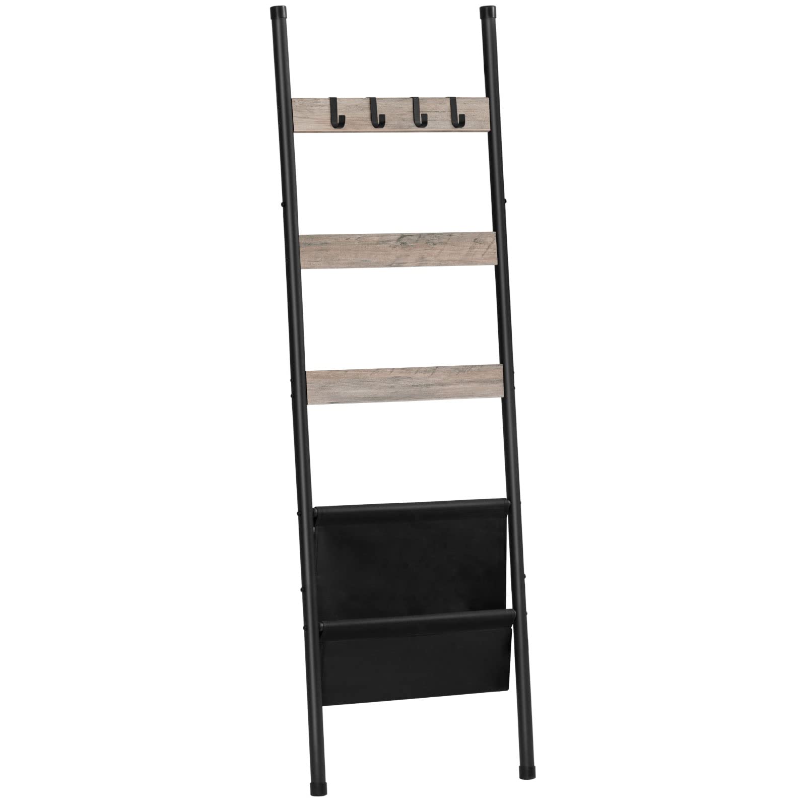 HOOBRO Blanket Ladder, 5 Tier Towel Rack, 17.3" L x 63" H, Wall-Leaning Blanket Rack for Living Room, Decorative Ladder with 4 Hooks and Magazine Pocket, Greige BG32CJ01