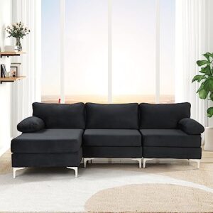 casa andrea milano modern large velvet fabric sectional sofa, l-shape couch with extra wide chaise lounge, onyx