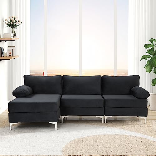 Casa Andrea Milano Modern Large Velvet Fabric Sectional Sofa, L-Shape Couch with Extra Wide Chaise Lounge, Onyx