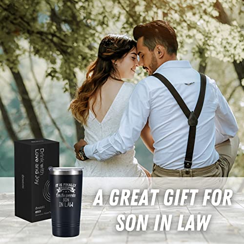 Onebttl Son in Law Gifts Travel Coffee Mug Tumbler, Gifts from Mom/Dad, Parent, Father, Mother for Engagement, Wedding, Marriage, Christmas, Stainless Steel Insulated 20oz/590ml - Favorite Son in Law