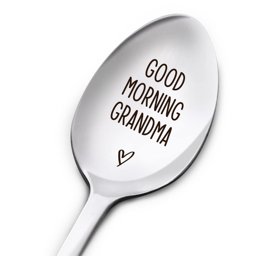 Good Morning Grandma Spoon Gift, Mother’s Day Birthday Thanksgiving Christmas Gifts for Best Grandma Ever, Mom Gifts from Granddaughter Grandson, Engraved Stainless Steel Spoon Gifts for Grandma