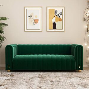 Green Velvet Couch Sofa Loveseat, 81.3 Wide Mid Century Modern Couch Small Spaces Love Seat Tufted Chesterfield Velvet Sofa Futon with Gold Leg, Comfy 3 Seat Extra Deep Sofas Couches for Living Room