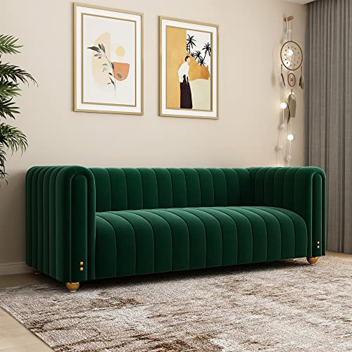 Green Velvet Couch Sofa Loveseat, 81.3 Wide Mid Century Modern Couch Small Spaces Love Seat Tufted Chesterfield Velvet Sofa Futon with Gold Leg, Comfy 3 Seat Extra Deep Sofas Couches for Living Room