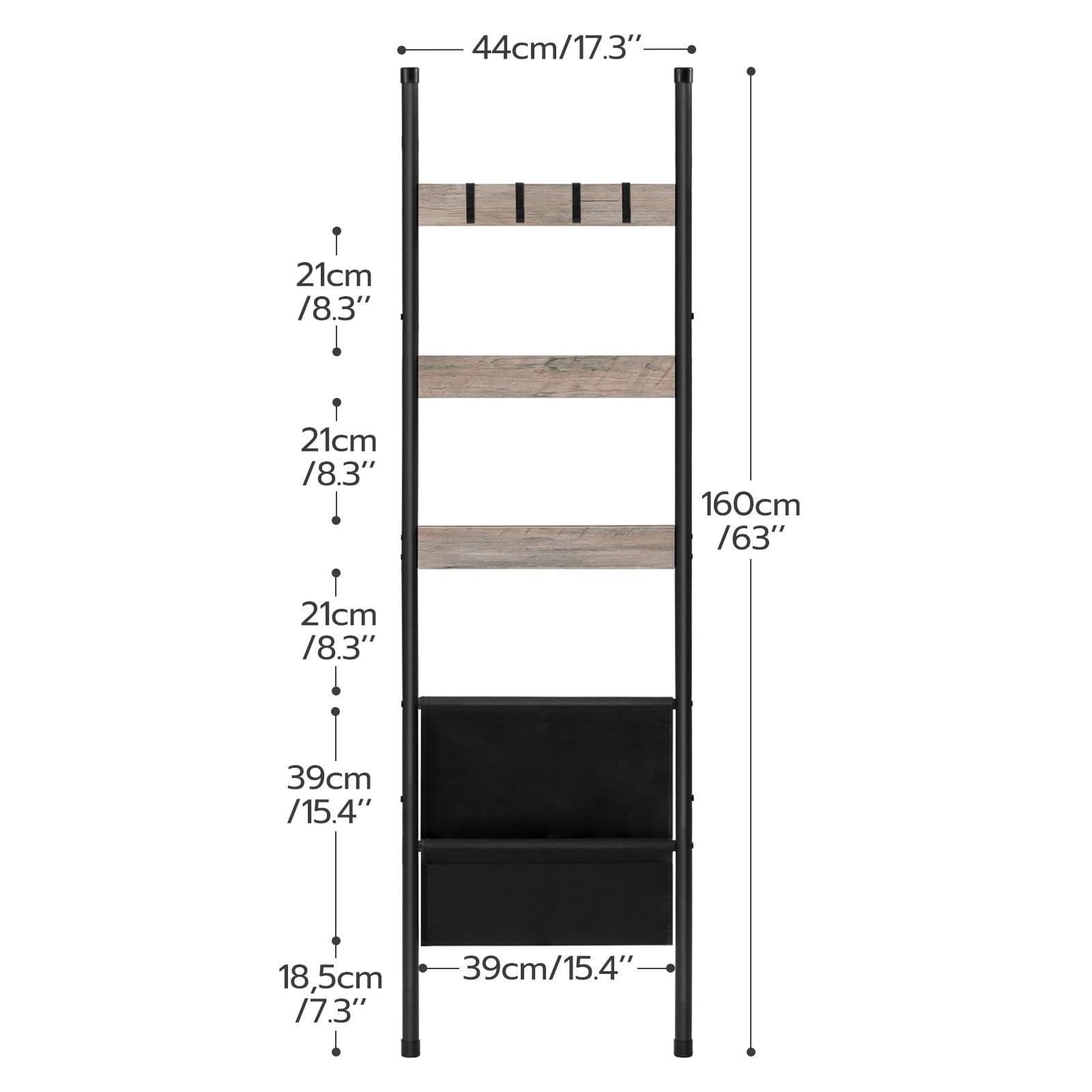 HOOBRO Blanket Ladder, 5 Tier Towel Rack, 17.3" L x 63" H, Wall-Leaning Blanket Rack for Living Room, Decorative Ladder with 4 Hooks and Magazine Pocket, Greige BG32CJ01