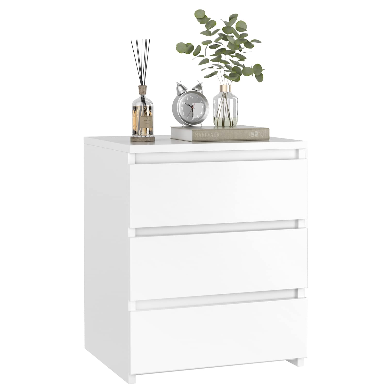 FOTOSOK White Nightstand with 3 Drawers, White Bedside Table Night Stand for Bedroom with Cut-Out Handle, Sofa Side Table 3 Drawer Nightstand for Bedroom, 17.7W*15D*21.7H