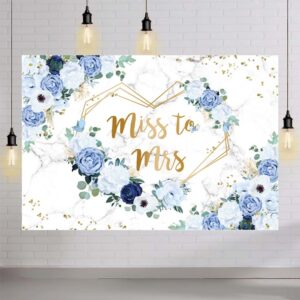 AIBIIN 8x6ft Miss to Mrs Floral Backdrop for Bridal Shower Blue and White Flowers Photography Background Hearts Geometric Couple Wedding Party Decorations Bride to Be Engagement Banner Props