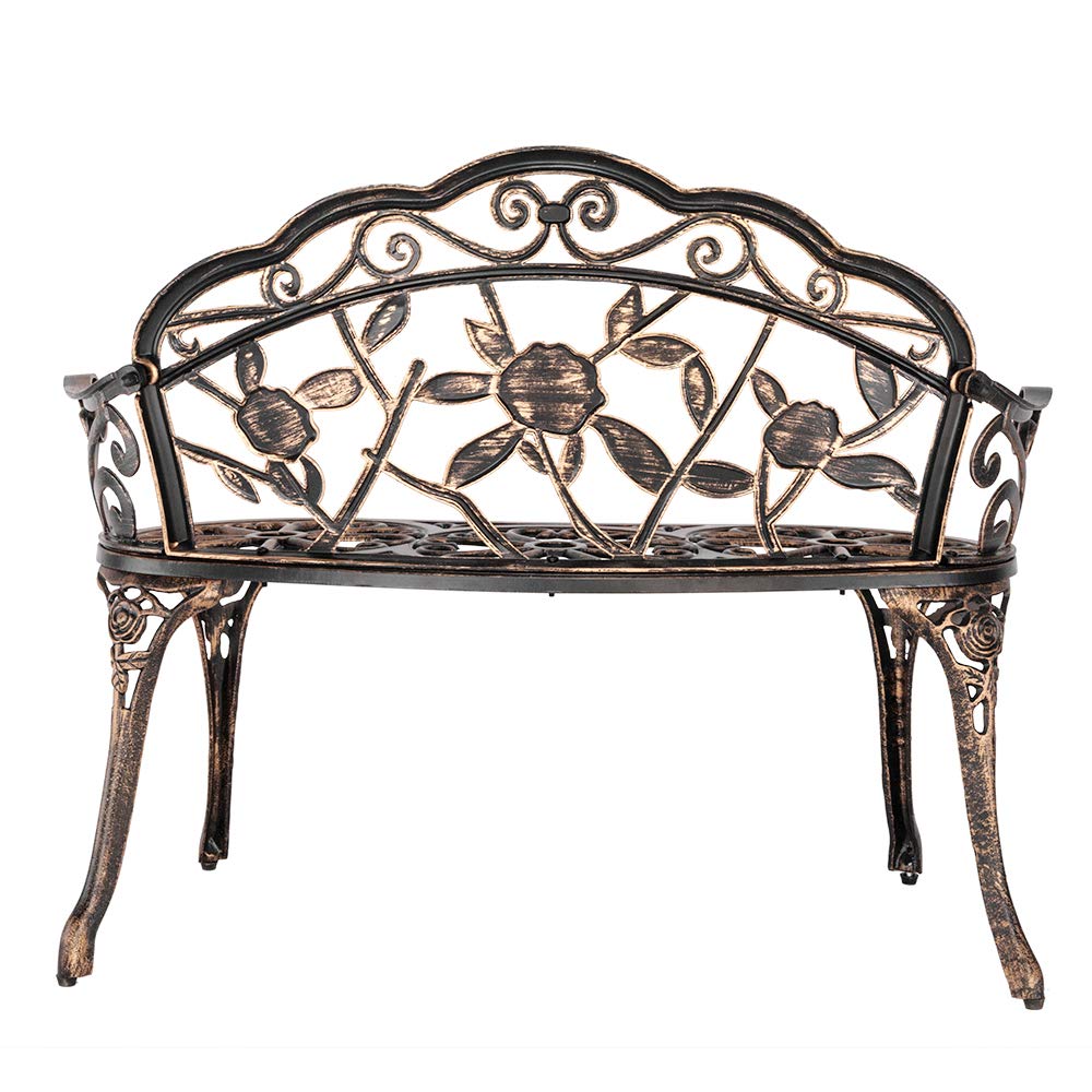 Patio Park Garden Outdoor Metal Rose Bench,Cast Iron Cast Aluminium Frame Antique Finish Chair,Accented Lawn Front Porch Path Yard Decor Deck Furniture for 2 Person Seat,Bronze