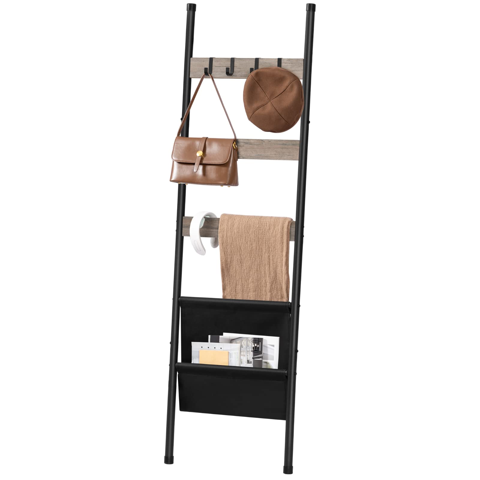 HOOBRO Blanket Ladder, 5 Tier Towel Rack, 17.3" L x 63" H, Wall-Leaning Blanket Rack for Living Room, Decorative Ladder with 4 Hooks and Magazine Pocket, Greige BG32CJ01