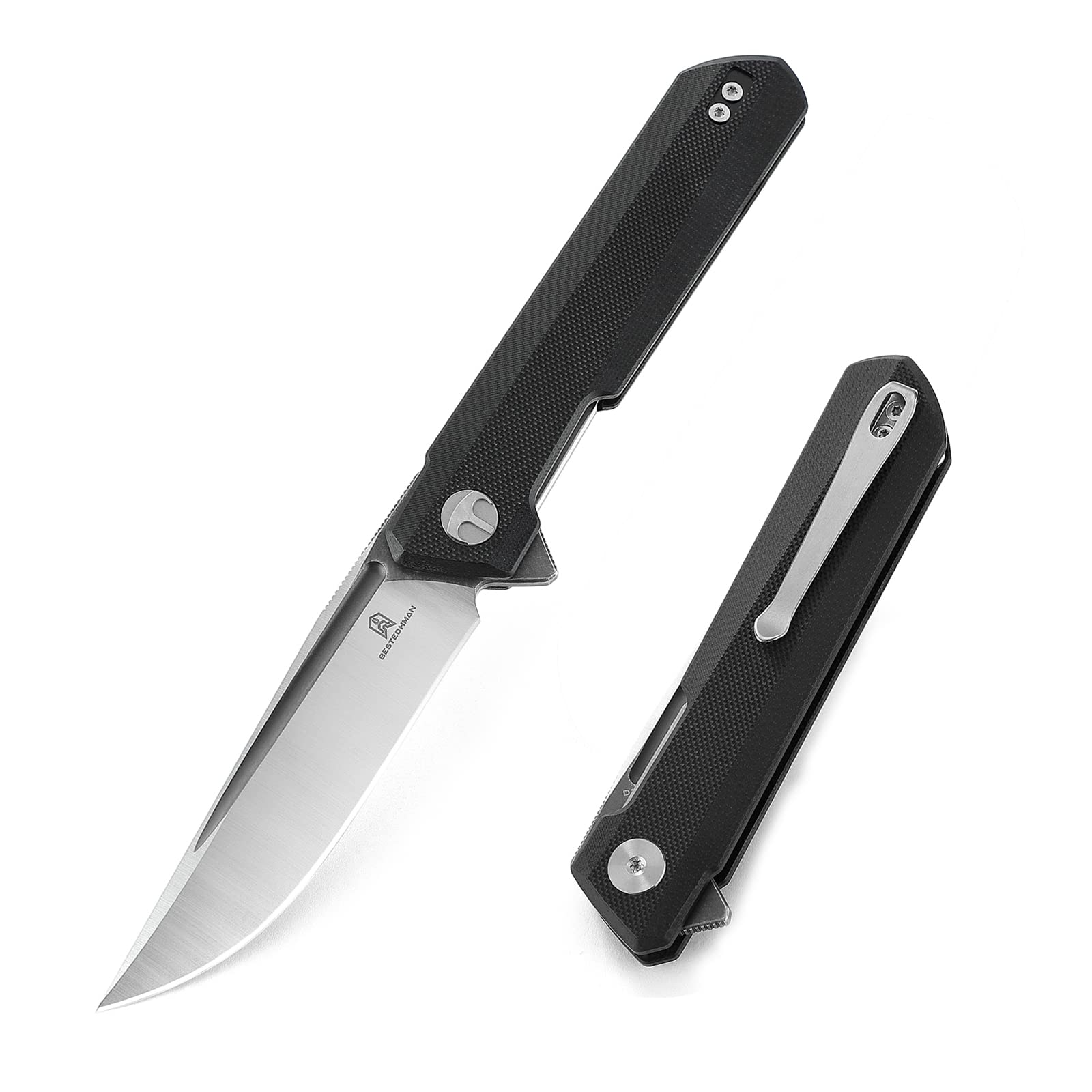 BESTECHMAN Dundee Pocket Folder Folding Knife: 3.35" D2 Steel Grey titanized Satin Blade, G10 Scales, Flipper, Liner Lock, EDC Reversible Deep Clip, BMK01D (Black Handle)