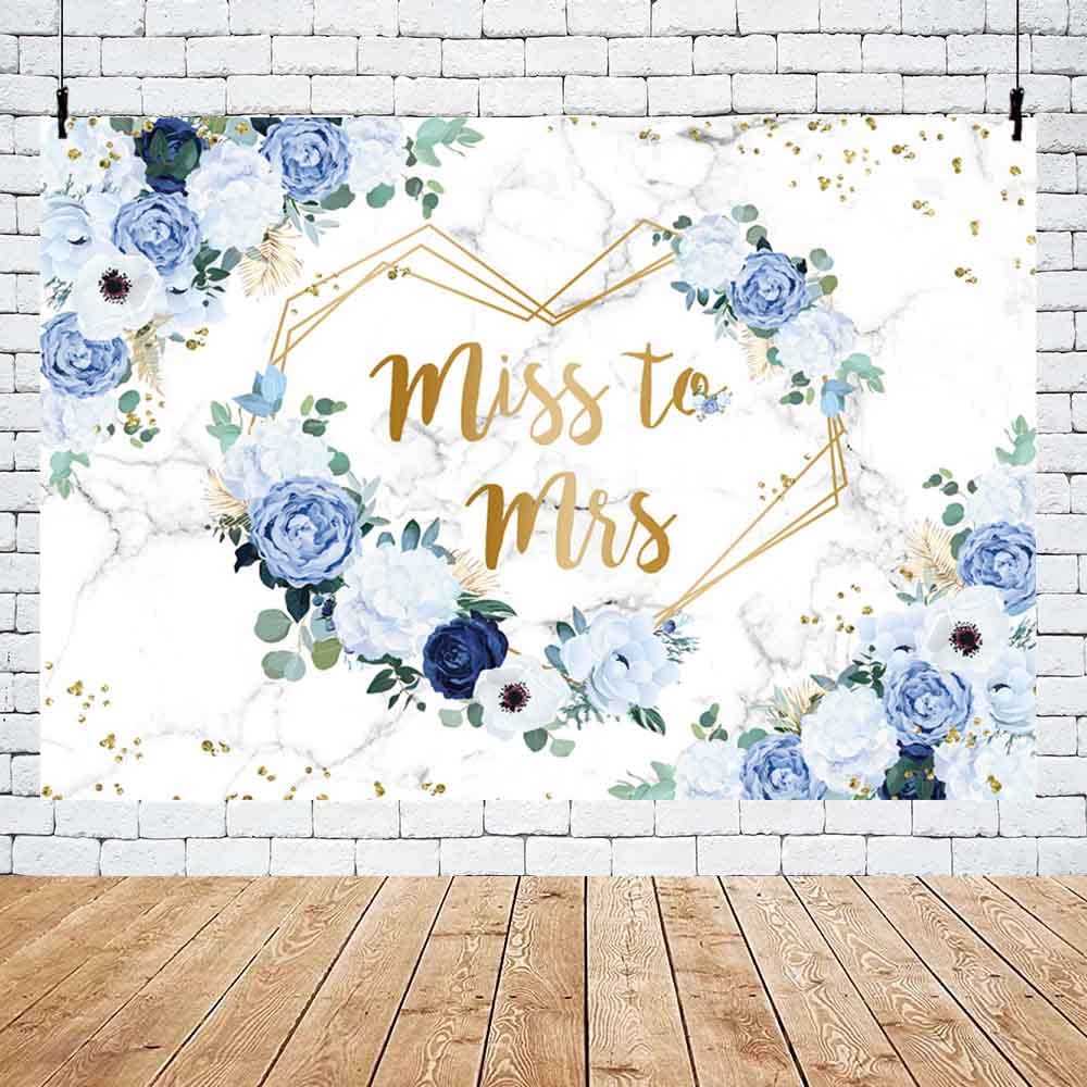 AIBIIN 8x6ft Miss to Mrs Floral Backdrop for Bridal Shower Blue and White Flowers Photography Background Hearts Geometric Couple Wedding Party Decorations Bride to Be Engagement Banner Props