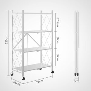 Muichi Folding Shelf 4-Tier, Foldable Shelves with Wheels, Heavy Duty Shelving Unit, Sturdy Metal Shelf Storage Organizer Rack for Kitchen, Garage, Home, Office, Garden (White)