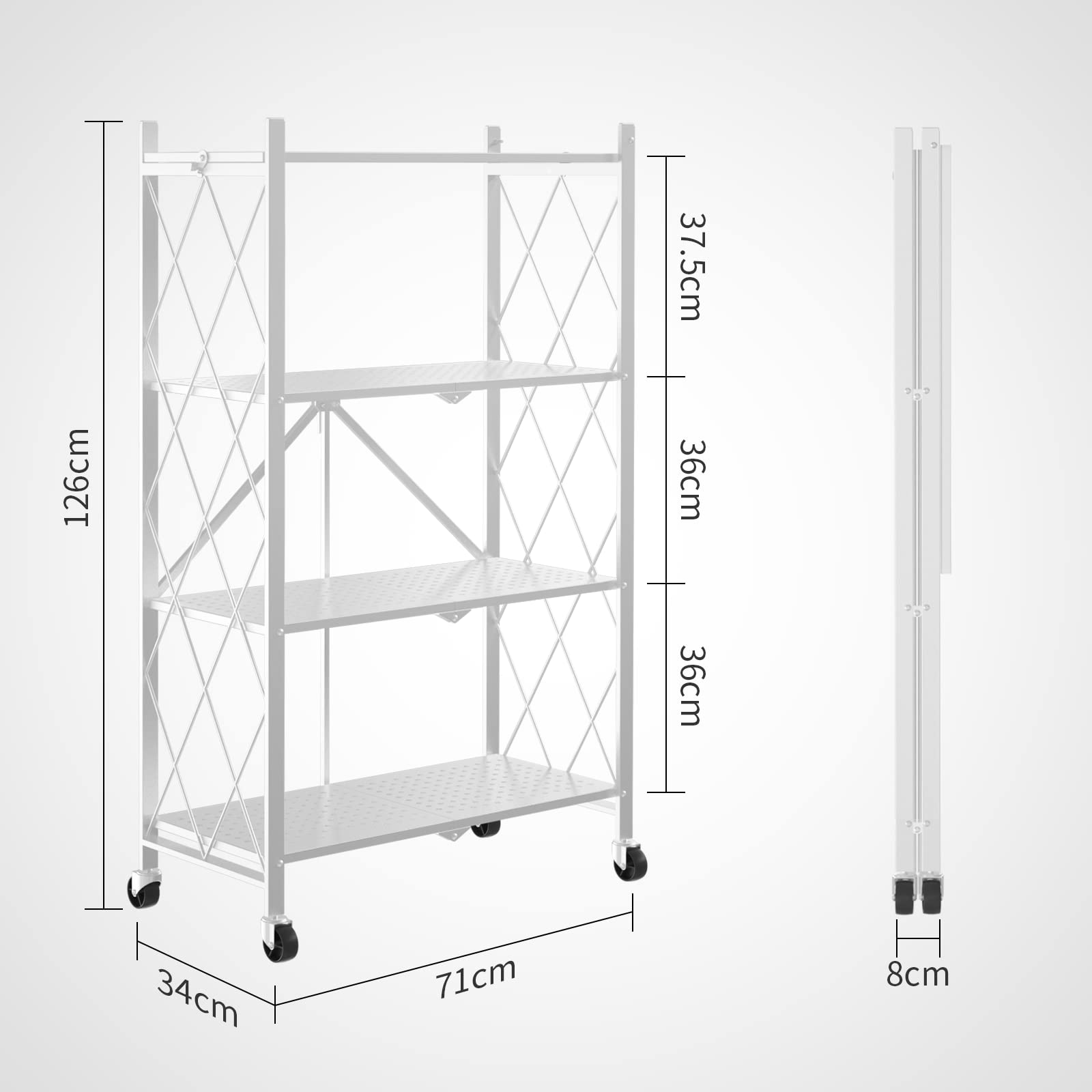 Muichi Folding Shelf 4-Tier, Foldable Shelves with Wheels, Heavy Duty Shelving Unit, Sturdy Metal Shelf Storage Organizer Rack for Kitchen, Garage, Home, Office, Garden (White)