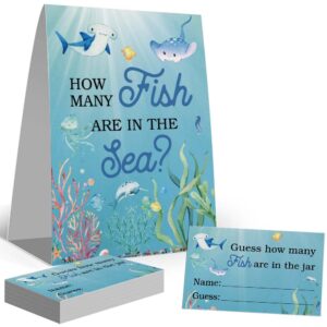 guess how many fish in the sea mermaid party game，watercolor ocean themed baby showers decorations game(1 sign+50 cards), how many candy sharks game，bridal showers，birthday, funny party game