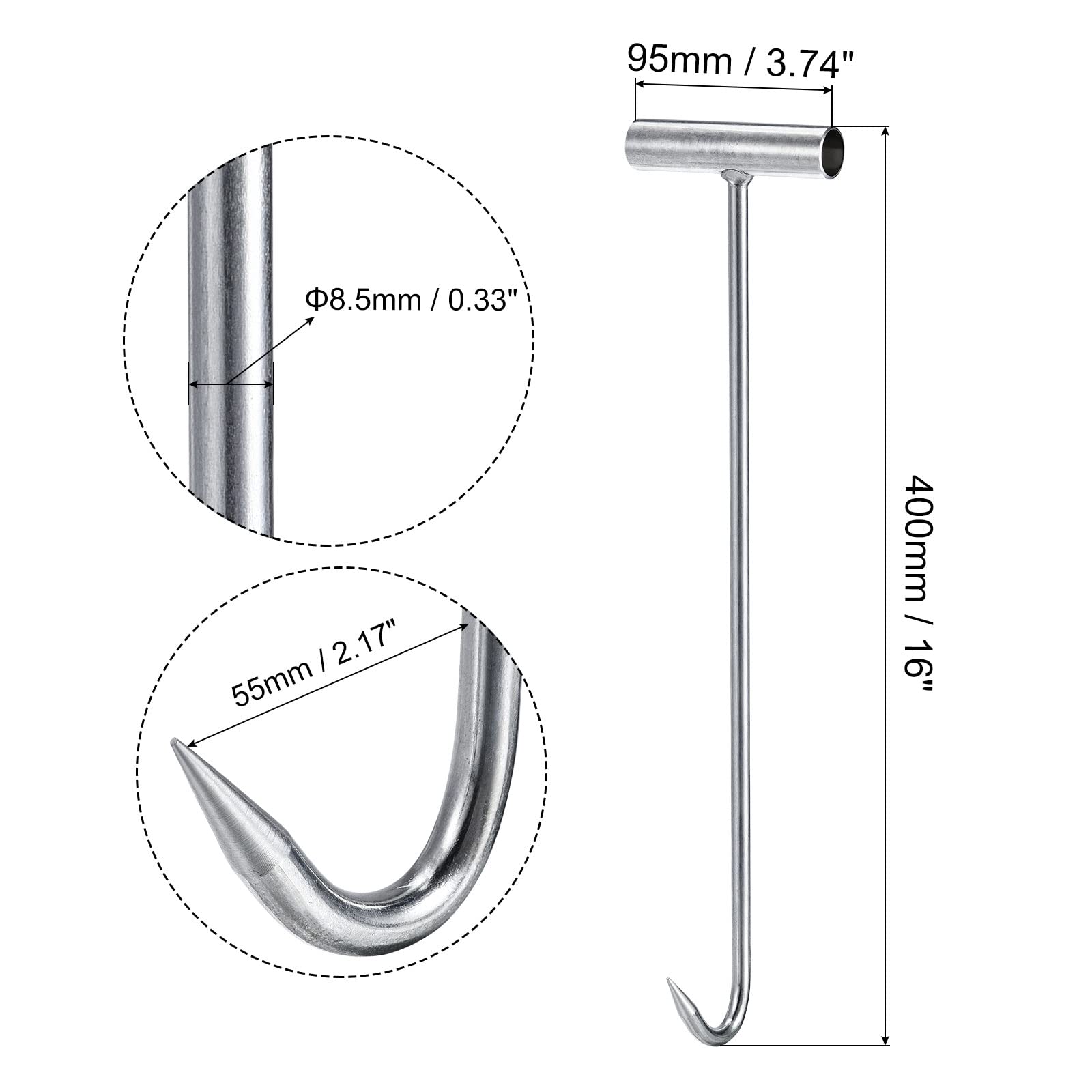 uxcell T-Handle Meat Boning Hook, Galvanized T Hooks for Kitchen Butcher Shop Restaurant 16"(400mm) 3Pcs