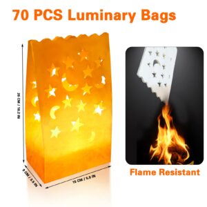 70PCS White Luminary Candle Bags Stars Moon Cutout Flame Resistant Luminaries Bag Christmas Candle Bags Paper Lantern Bags for Halloween Weddings Birthday Party Thanksgiving Valentine's Day Decoration