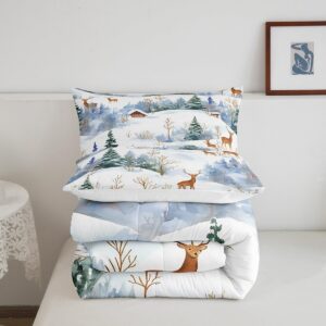 Homewish Winter Deer Comforter Set Queen Size,Christmas Snow Pine Quilt Set 3pcs,Kids Boys Girls Adults Room Decor,Wild Animals Plants Bedding Set New Year Gifts Duvet Insert,2 Pillowcases