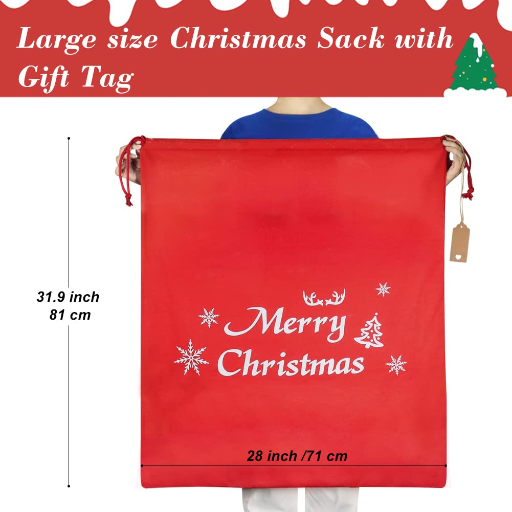 HRX Package Large Cotton Christmas Bag, 32x28 inch Fabric Drawstring Santa Sack, Reusable Cloth Wrapping Bag with Gift Tag for Xmas Presents