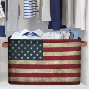 Storage Basket American USA Flag, Large Foldable Organizer Storage Bins for Shelves, Sturdy Canvas Cubes Storage Boxes with Handles for Toys Closet Nursery Office Living Room 15" x 11" x 9.5"