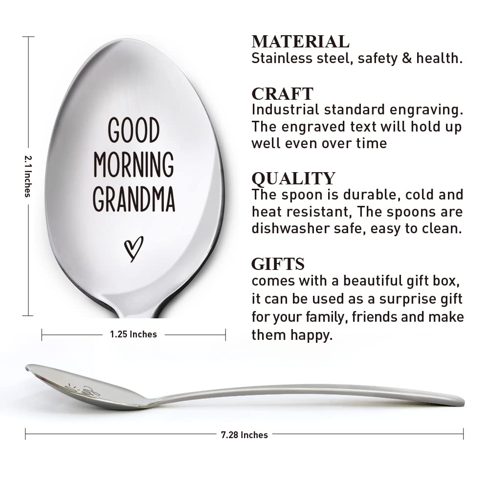 Good Morning Grandma Spoon Gift, Mother’s Day Birthday Thanksgiving Christmas Gifts for Best Grandma Ever, Mom Gifts from Granddaughter Grandson, Engraved Stainless Steel Spoon Gifts for Grandma