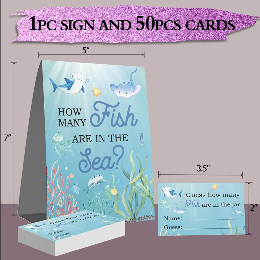 Guess How Many Fish in the Sea Mermaid Party Game，Watercolor Ocean Themed Baby Showers Decorations Game(1 Sign+50 Cards), How Many Candy Sharks Game，Bridal Showers，Birthday, Funny Party Game