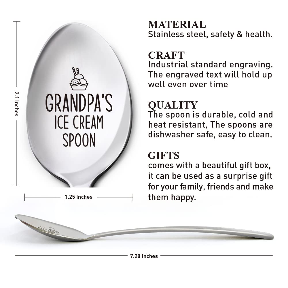 Grandpa's Ice Cream Spoon Gifts, Father’s Day Birthday Thanksgiving Christmas Gifts for Best Grandpa Ever, Grandpa Gifts from Granddaughter Grandson, Engraved Stainless Steel Spoon Gifts for Grandpa