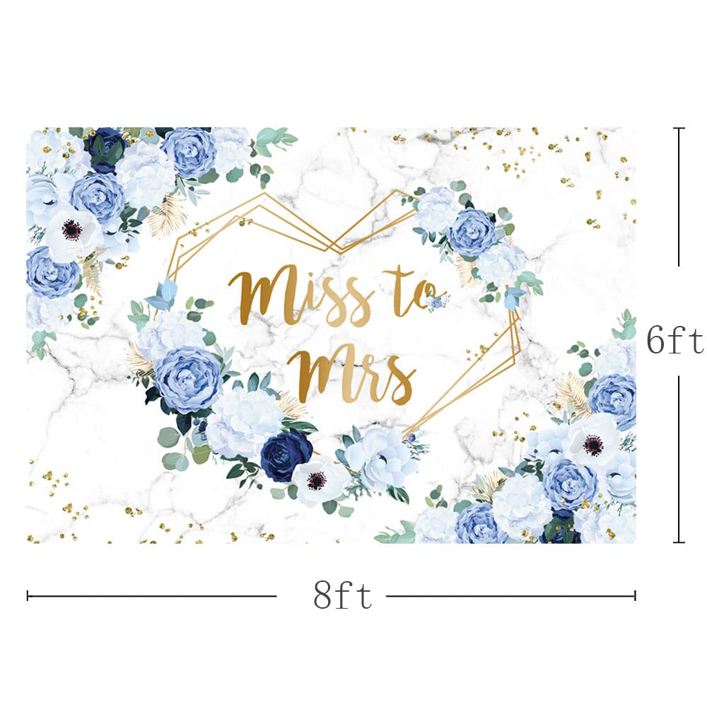 AIBIIN 8x6ft Miss to Mrs Floral Backdrop for Bridal Shower Blue and White Flowers Photography Background Hearts Geometric Couple Wedding Party Decorations Bride to Be Engagement Banner Props