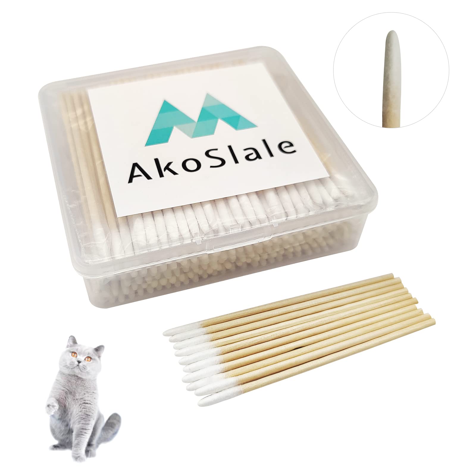 AkoSlale Pointed Q Tips for Cat Eye and Wound Care, 200pcs, 2.9 Inch Wooden Cotton Swabs - Biodegradable Baby Qtips and Micro-Swab Sticks for Precision Makeup and Nail Cleaning