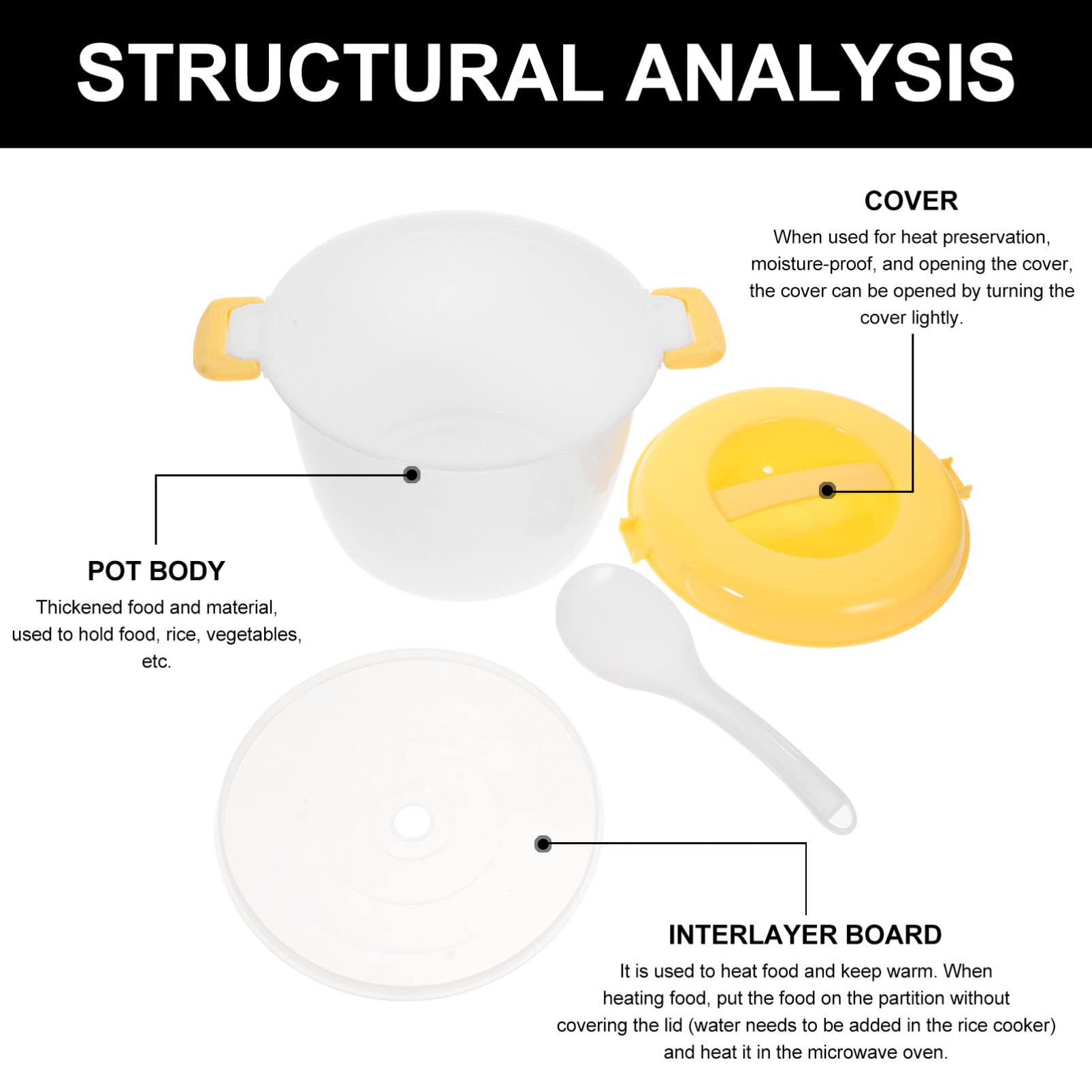 Microwave Rice Cooker Vegetable Steamer Set Portable Travel Removable Non- Stick Pot Kitchen Cookware for Cooking Soup Rice Stews Oatmeal 20X20X15.5CM