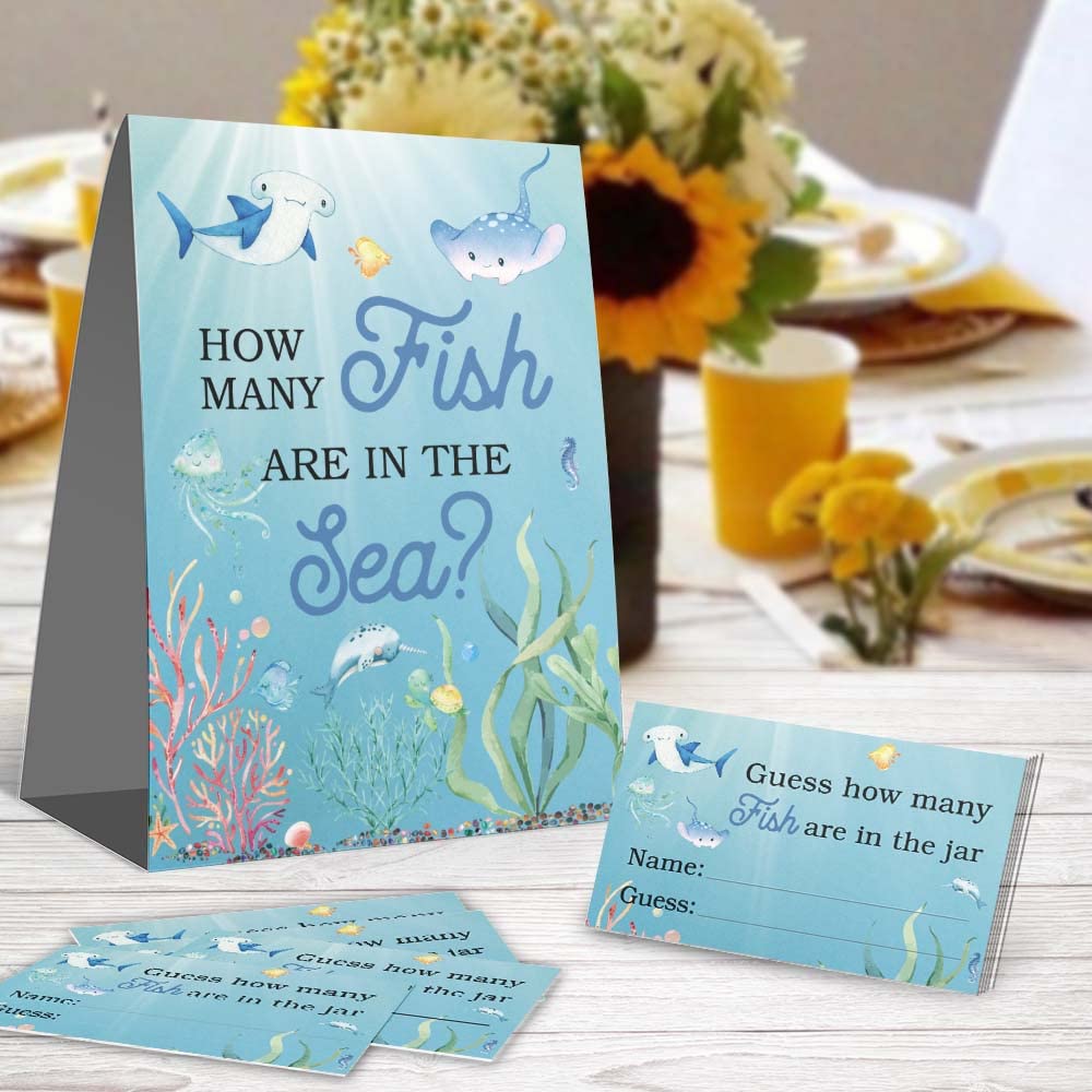 Guess How Many Fish in the Sea Mermaid Party Game，Watercolor Ocean Themed Baby Showers Decorations Game(1 Sign+50 Cards), How Many Candy Sharks Game，Bridal Showers，Birthday, Funny Party Game