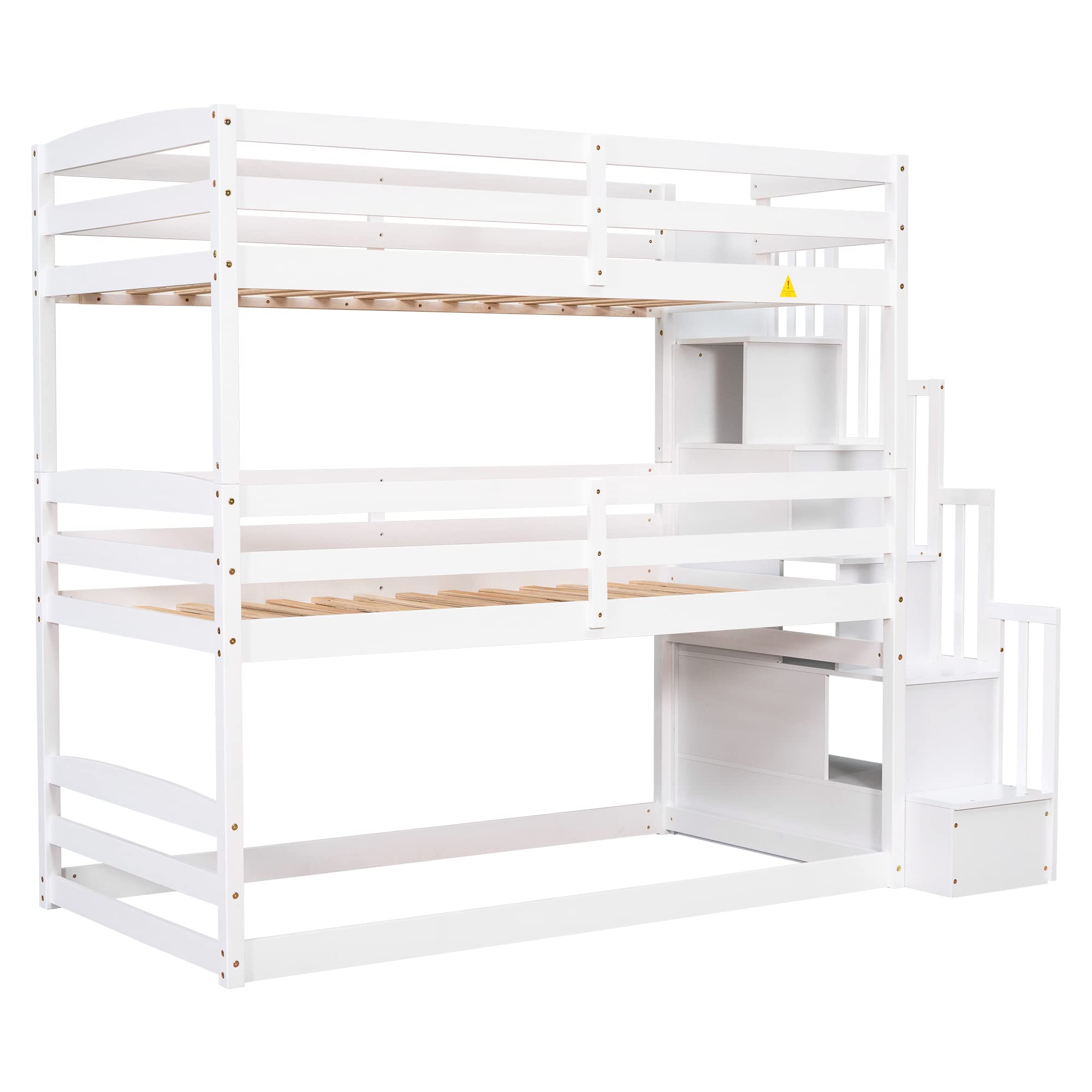 Harper & Bright Designs Wood Triple Bunk Bed with Storage Staircase, Wooden Floor Bunk Beds 3 Beds in 1 for Kids, Detachable Triple Bed Can Convertible into Twin Bunk Beds & Loft Bed, White