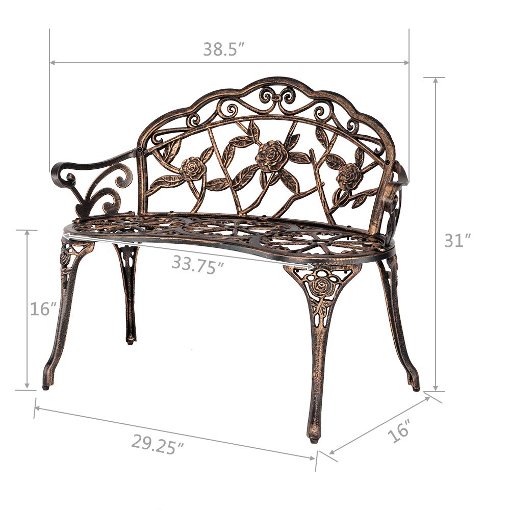 Patio Park Garden Outdoor Metal Rose Bench,Cast Iron Cast Aluminium Frame Antique Finish Chair,Accented Lawn Front Porch Path Yard Decor Deck Furniture for 2 Person Seat,Bronze