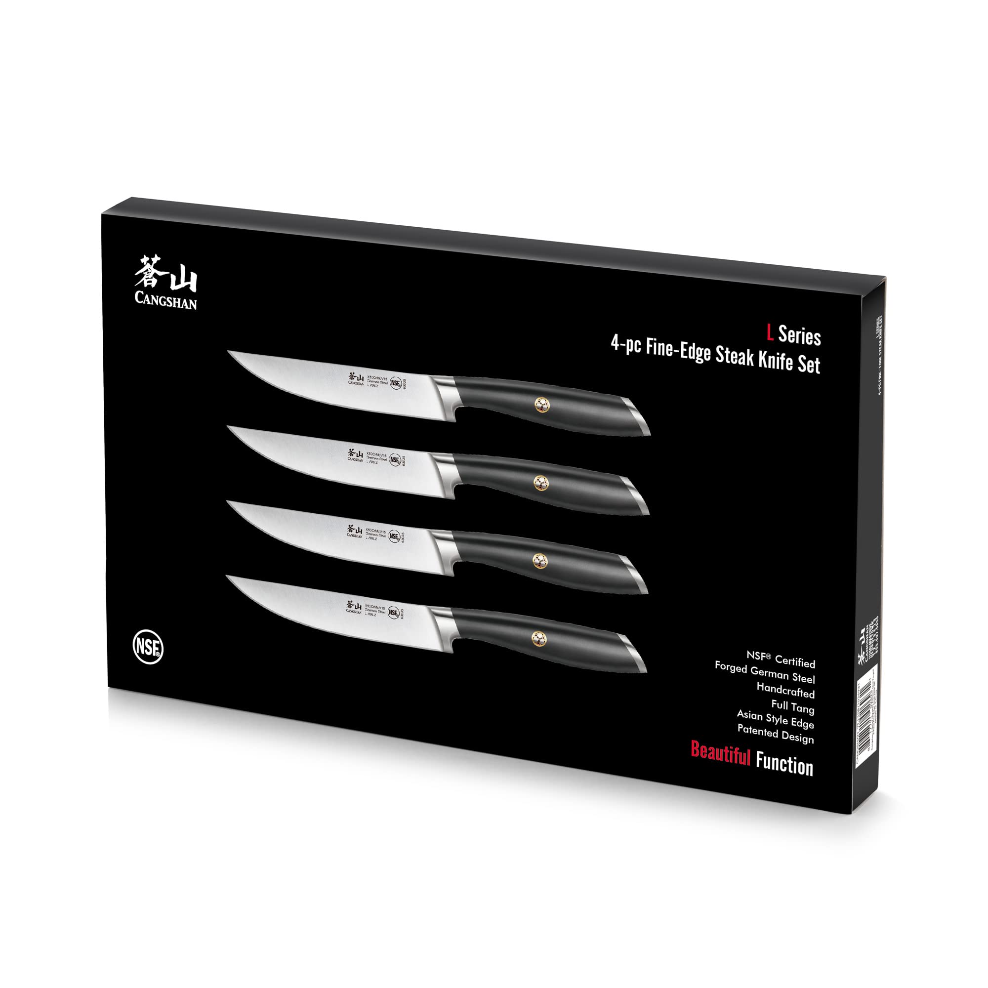 Cangshan L Series 4-Piece Fine-Edge Steak Knife Set, Forged German Steel, Black, 1026931