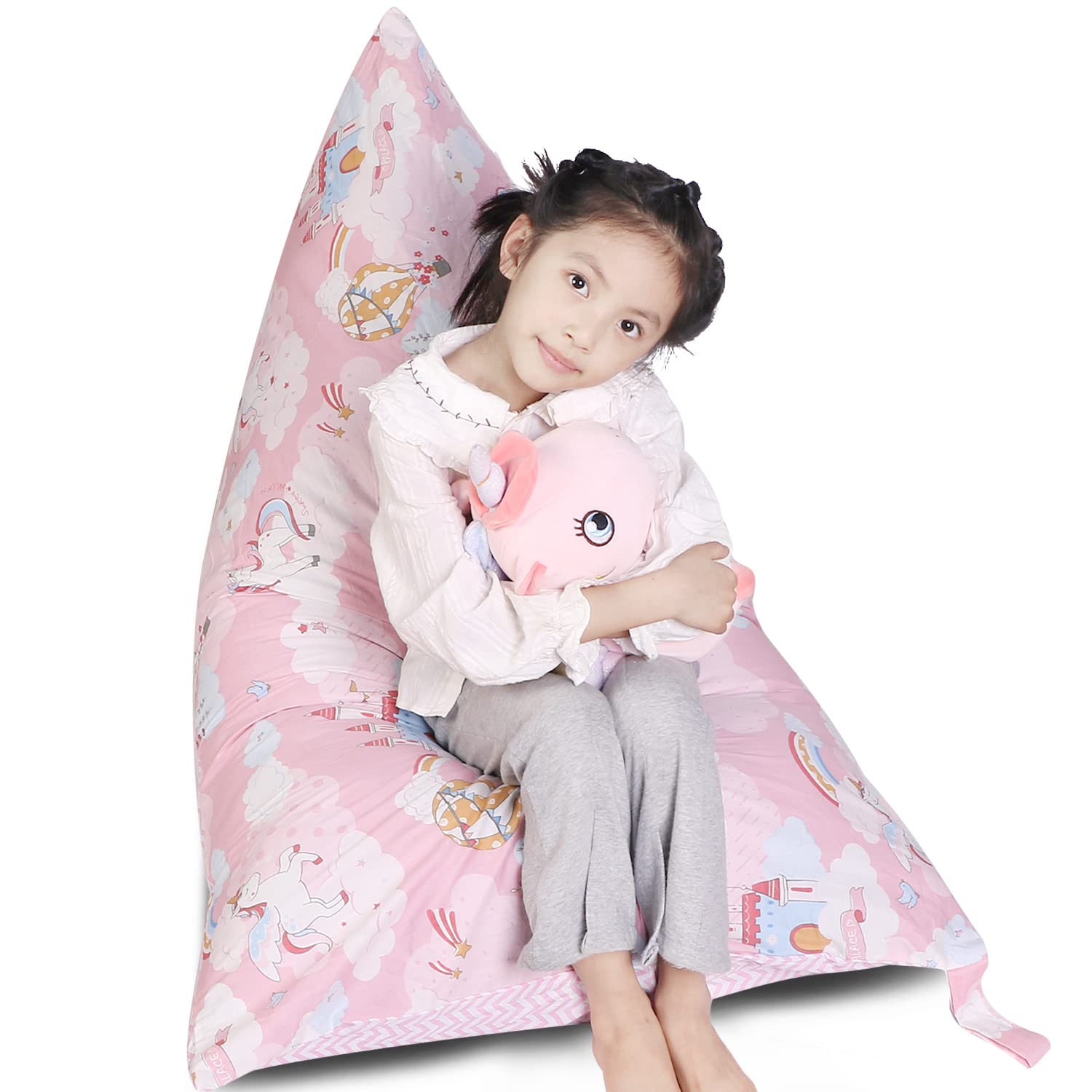 LOLOMLO Stuffed Animal Storage Bean Bag Chair Cover, Cotton Pink Unicorn Plush Toy Storage Stuff and Sit Seat for Kids/Teens/Adults, 52" x 31" Extra Large Triangle Floor Sofa, 200L/52Gal, Cover Only