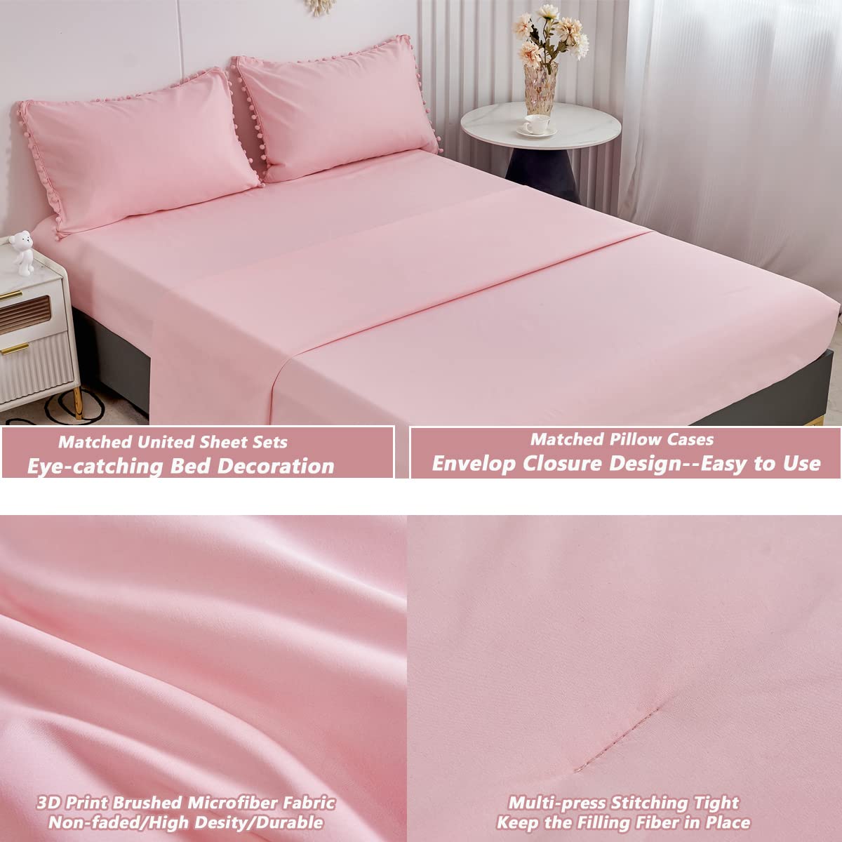 PERFEMET 5 Pcs Pink Pom Pom Comforter Boho Chic Aesthetic Ball Pom Comforter Set Full Size Ultra Soft Lightweight Bedding Set with Sheet for Girls Kids(Pink, Full)