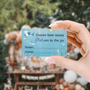 Guess How Many Fish in the Sea Mermaid Party Game，Watercolor Ocean Themed Baby Showers Decorations Game(1 Sign+50 Cards), How Many Candy Sharks Game，Bridal Showers，Birthday, Funny Party Game