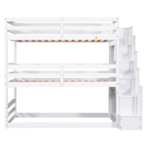 Harper & Bright Designs Wood Triple Bunk Bed with Storage Staircase, Wooden Floor Bunk Beds 3 Beds in 1 for Kids, Detachable Triple Bed Can Convertible into Twin Bunk Beds & Loft Bed, White