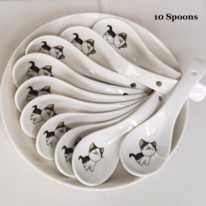 Set of 10 Asian Soup Spoons with Cat Pattern, 5.4 inch Ceramic Chinese Soup Spoons, Porcelain Spoons for Cereal Ramen Appetizers Desserts Wonton Dumpling, Deep Scoop Porcelain Spoons, Dishwasher Safe