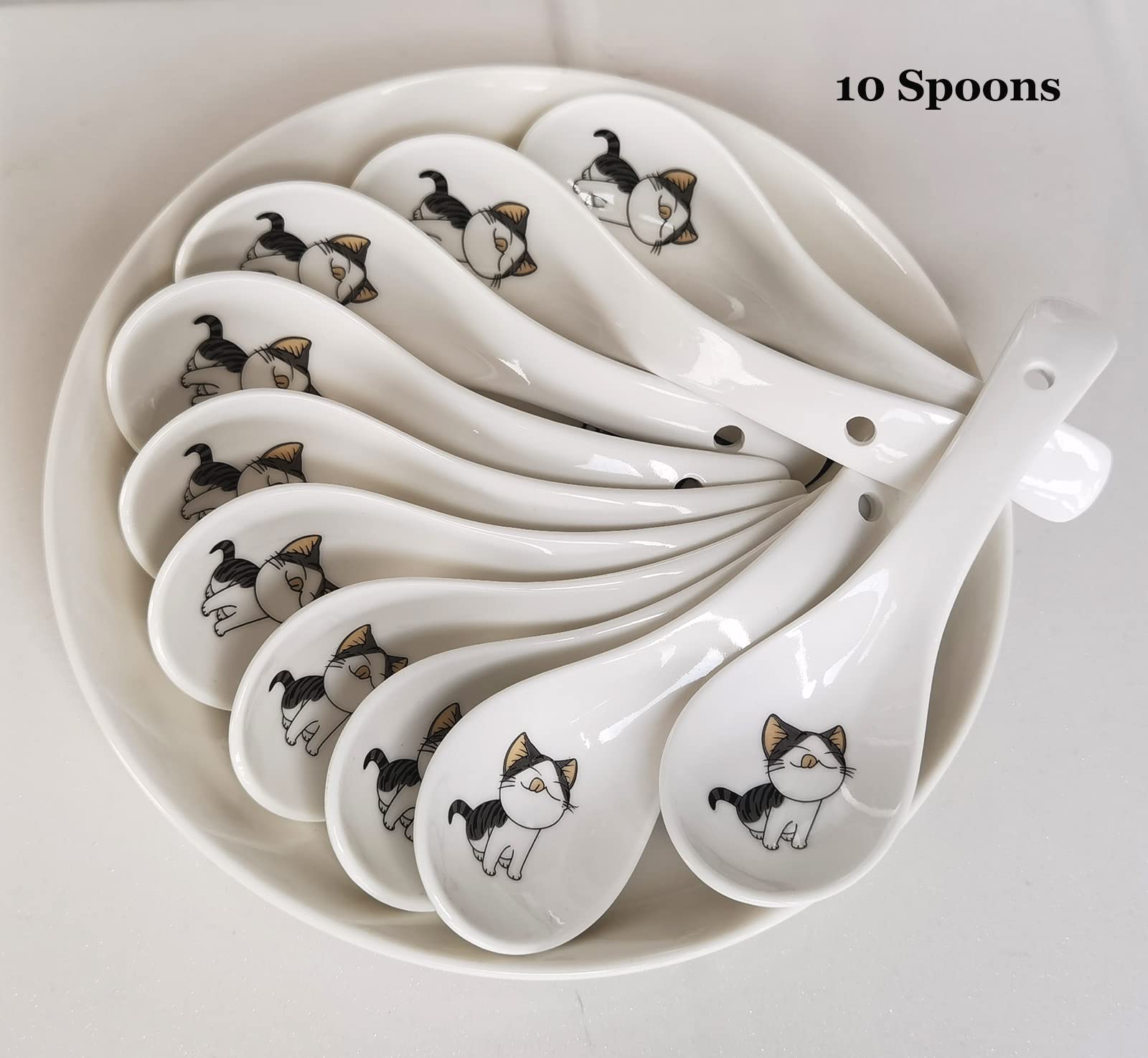 Set of 10 Asian Soup Spoons with Cat Pattern, 5.4 inch Ceramic Chinese Soup Spoons, Porcelain Spoons for Cereal Ramen Appetizers Desserts Wonton Dumpling, Deep Scoop Porcelain Spoons, Dishwasher Safe